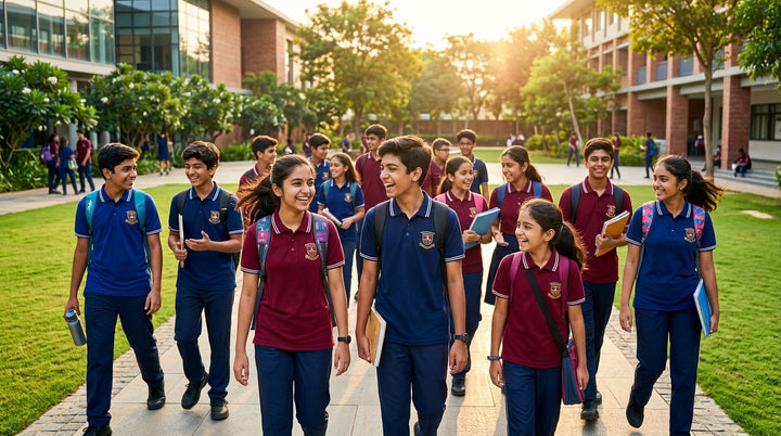 Indian School Students Wearing Custom School Uniform Polo T-Shirts with Embroidered School Crest - Tshirt Factory India Surat