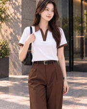 Women's Colourblocked Polo Collar T-Shirt — White — Thumbnail 1