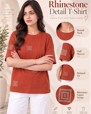 Women's Printed Drop-Shoulder Sleeves T-Shirt — Rust — Thumbnail 4