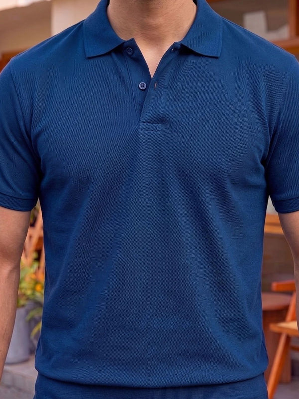 Men's All-Over Printed Polo Collar T-Shirt — Blue Angle View — Custom Printing Surat