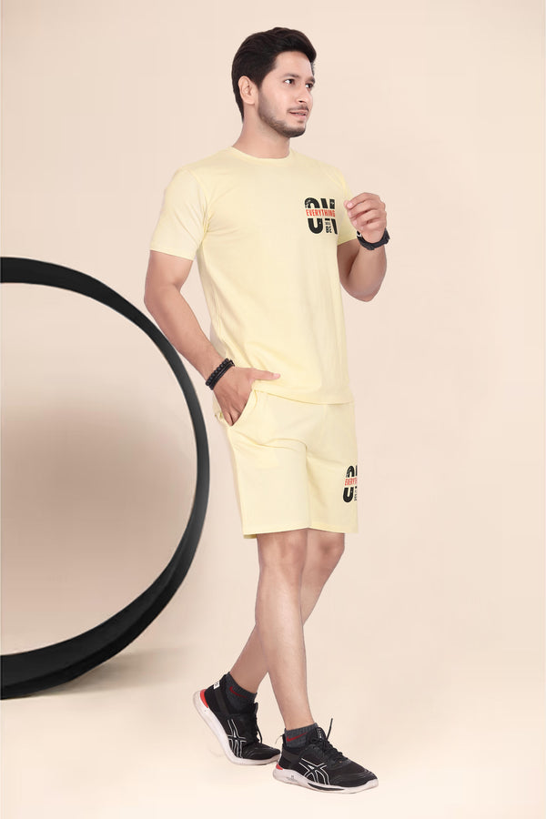Men's Cotton Printed Night Suit Set of Top & Shorts — Lemon Yellow Angle View — Custom Printing Surat