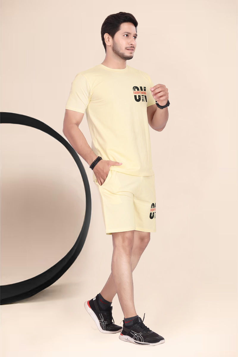 Men's Cotton Printed Night Suit Set of Top & Shorts — Lemon Yellow — Quality Craftsmanship Anatomy