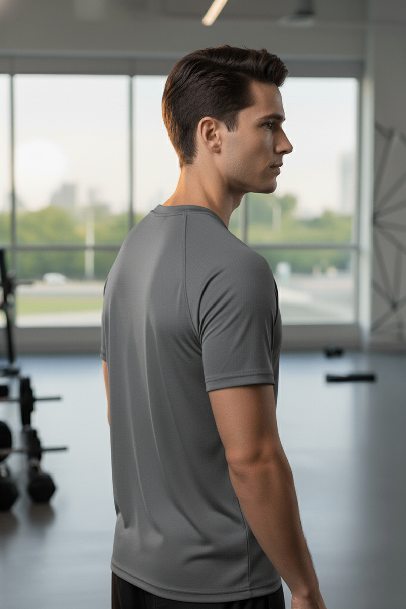 Men's Moisture-Wicking Raglan Athletic Gym T-Shirt — Dark Grey — Quality Craftsmanship Anatomy