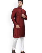 Men's Mandarin Collar Jacquard Straight Kurta — Maroon — Thumbnail 3