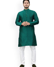 Men's Mandarin Collar Thread Work Jacquard Straight Kurta — Green — Thumbnail 6