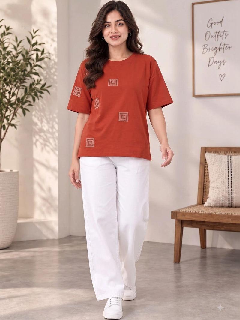 Women's Printed Drop-Shoulder Sleeves T-Shirt — Rust — Quality Craftsmanship Anatomy