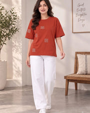 Women's Printed Drop-Shoulder Sleeves T-Shirt — Rust — Thumbnail 6