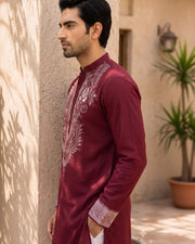 Men Maroon Floral Motif DTF Printed Kurta — Thumbnail 4