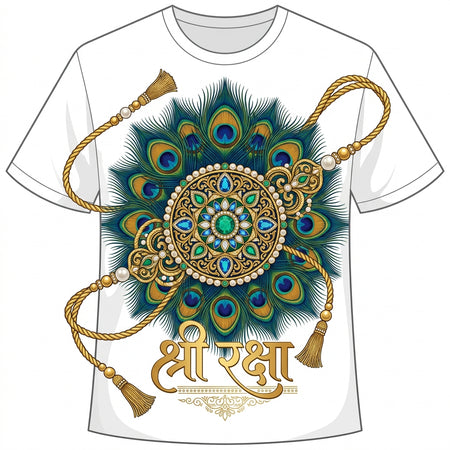 Shree Raksha Royal Peacock Feather Graphic Cotton T-Shirt — White Angle View — Custom Printing Surat