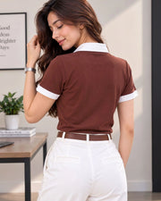 Women's Colourblocked Polo Collar T-Shirt — Coffee Brown — Thumbnail 7