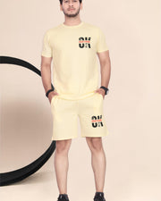 Men's Cotton Printed Night Suit Set of Top & Shorts — Lemon Yellow — Thumbnail 1