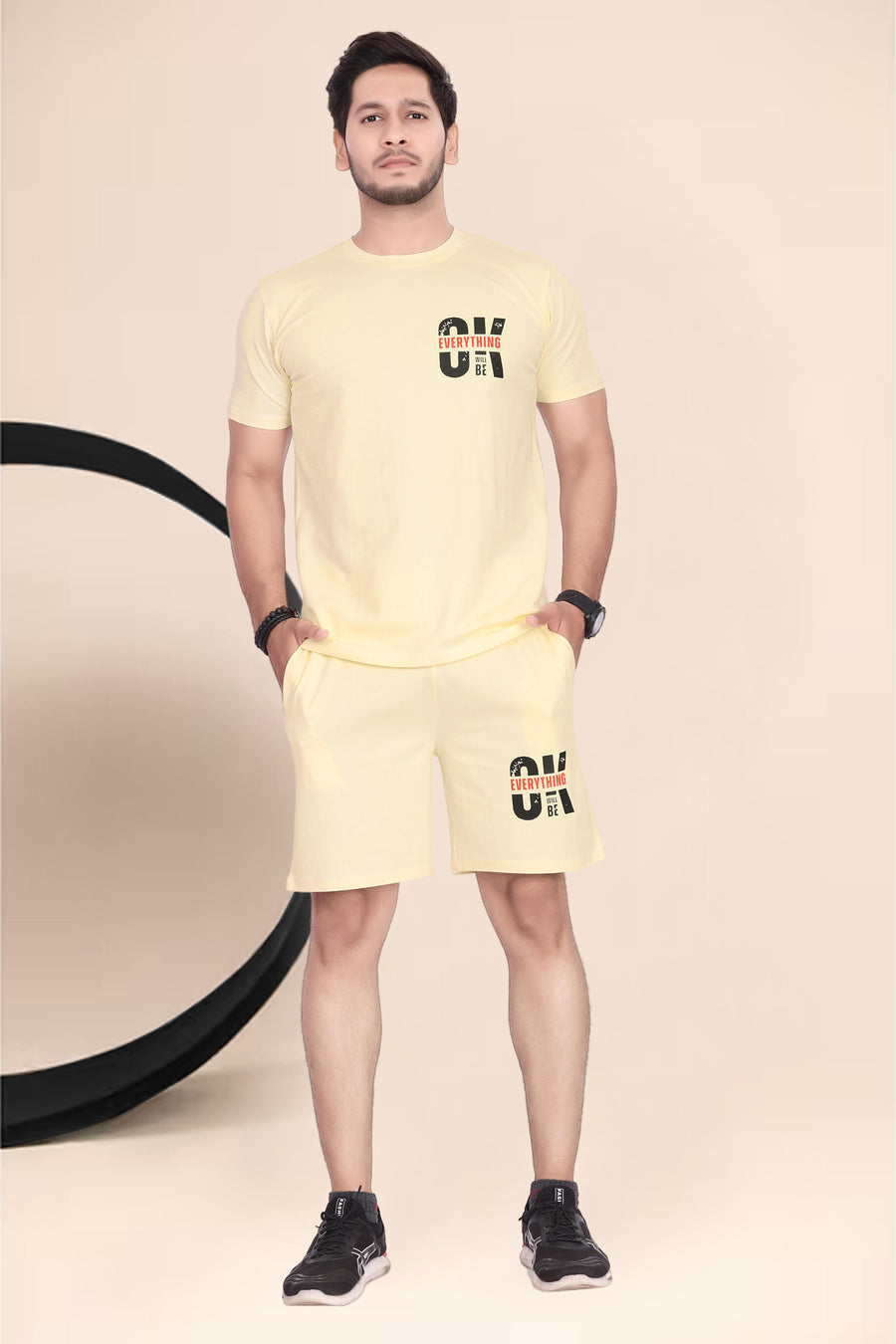 Men's Cotton Printed Night Suit Set of Top & Shorts — Lemon Yellow — Custom Print Studio