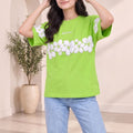 Women Floral Printed Tropical Applique T-shirt — Green