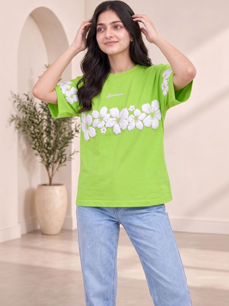 Women Floral Printed Tropical Applique T-shirt — Green — Quality Craftsmanship Anatomy