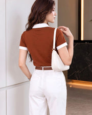 Women's Colourblocked Polo Collar T-Shirt — Rust — Thumbnail 4