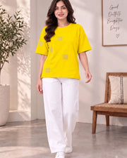 Women's Printed Drop-Shoulder Sleeves T-Shirt — Yellow — Thumbnail 4