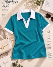 Women's Colourblocked Polo Collar T-Shirt — Turquoise Blue — Thumbnail 4