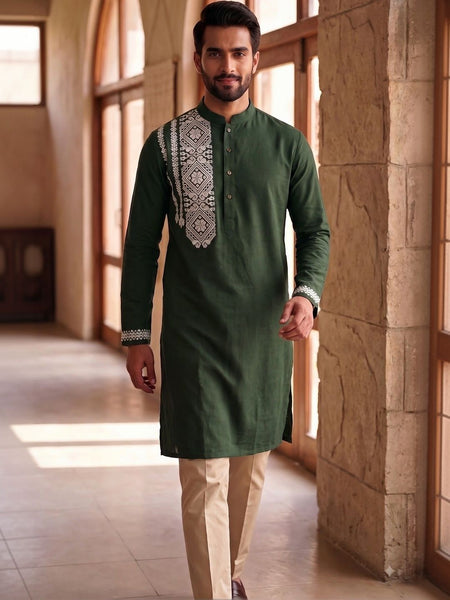 Men's Ethnic Motifs Embroidered Thread Work Kurta - Olive Green Angle View — Custom Printing Surat