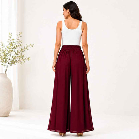 Women's Flared Viscose Rayon High-Waist Trousers — Maroon Angle View — Custom Printing Surat