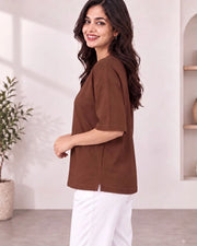 Women's Printed Drop-Shoulder Sleeves T-Shirt — Coffee Brown — Thumbnail 6
