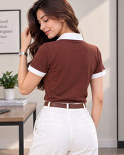 Women Colourblocked Polo Collar T-shirt — Coffee Brown — Thumbnail 2
