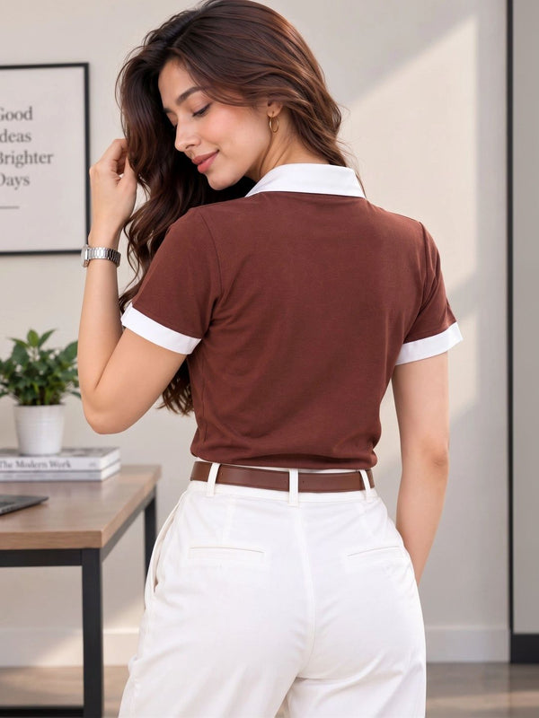 Women Colourblocked Polo Collar T-shirt — Coffee Brown Angle View — Custom Printing Surat