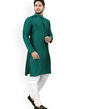 Men's Mandarin Collar Thread Work Jacquard Straight Kurta — Green — Thumbnail 3