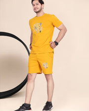 Men's Printed Pure Cotton T-Shirt With Shorts — Mustard — Thumbnail 3