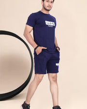 Men's Cotton Printed Night Suit Set of Top & Shorts — Navy Blue — Thumbnail 2