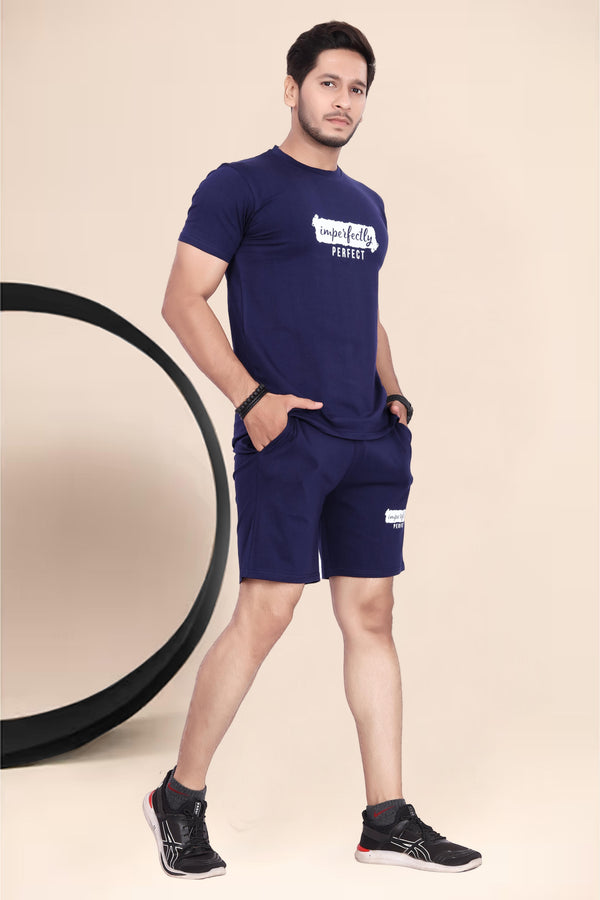 Men's Cotton Printed Night Suit Set of Top & Shorts — Navy Blue Angle View — Custom Printing Surat