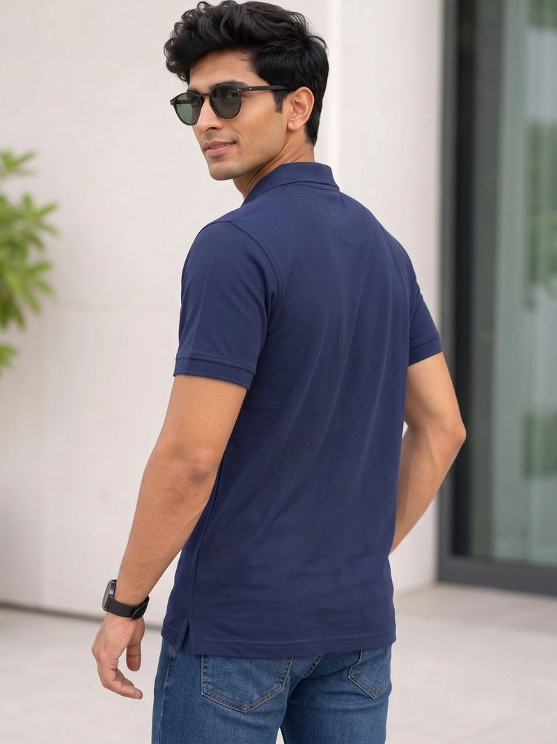 Men's Solid Polo Collar T-Shirt — Navy Blue — Quality Craftsmanship Anatomy