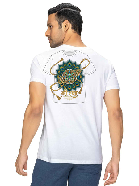 Shree Raksha Royal Peacock Feather Graphic Cotton T-Shirt — White — Tshirt Factory India Direct Wholesale Manufacturer