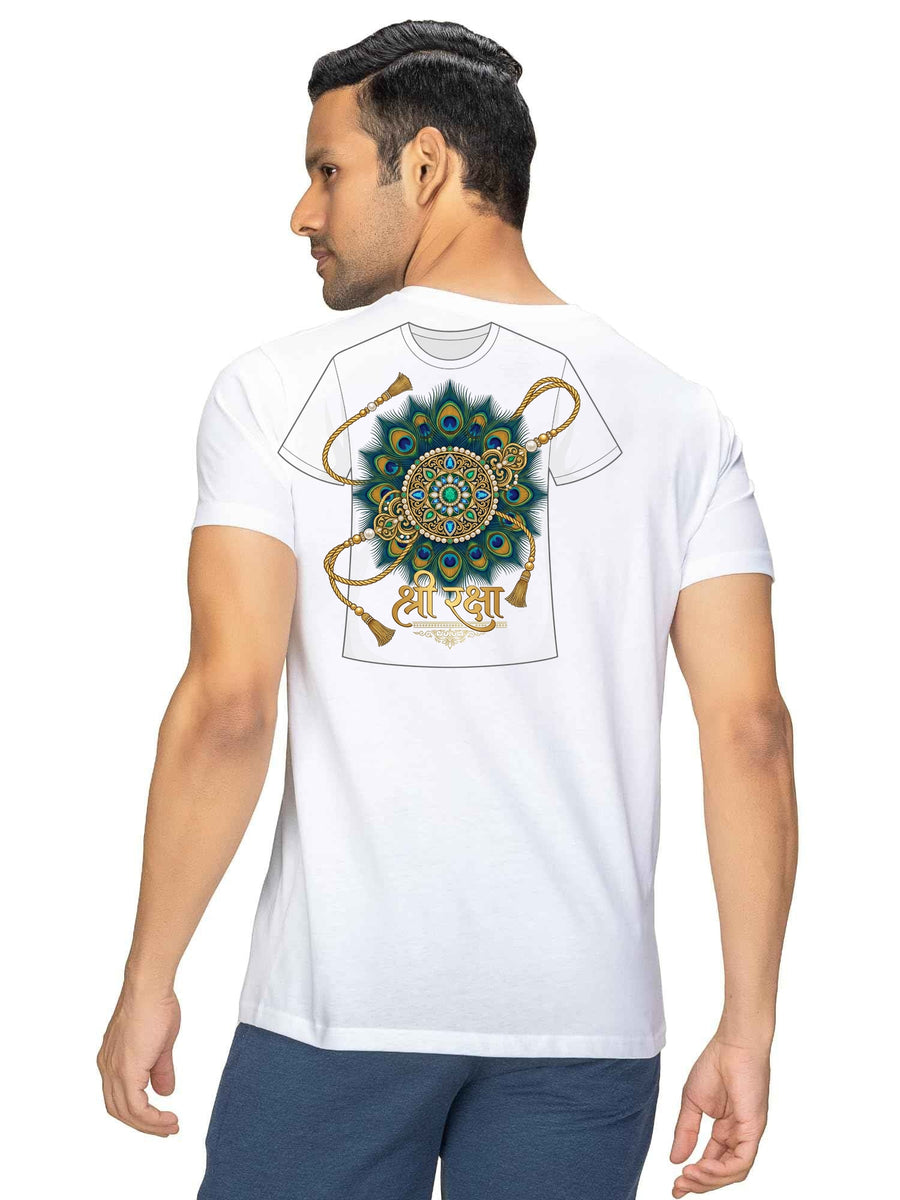 Shree Raksha Royal Peacock Feather Graphic Cotton T-Shirt — White — Custom Print Studio