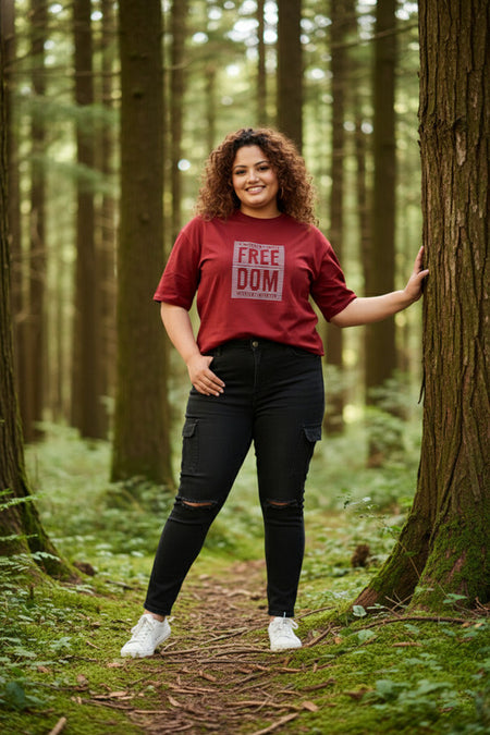 Women's Graphic Print Pure Cotton Round Neck T-Shirt — Maroon Angle View — Custom Printing Surat