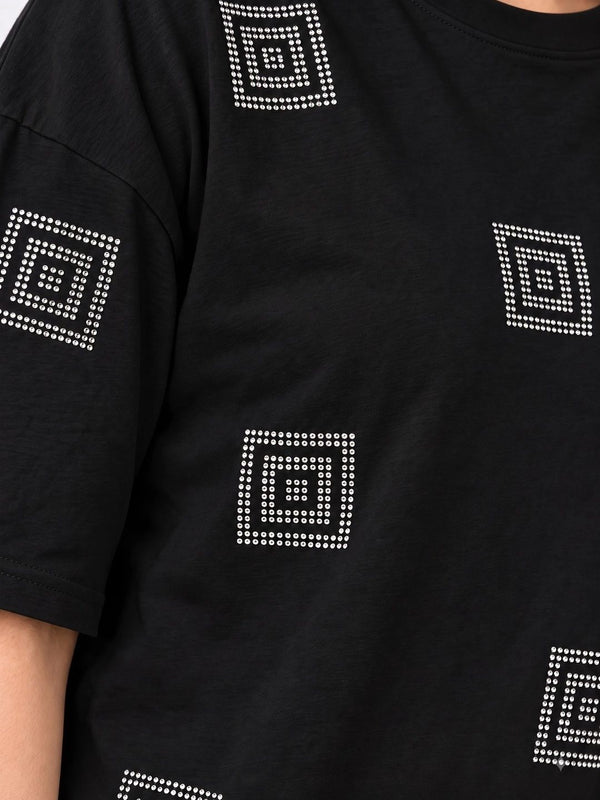 Women's Printed Drop-Shoulder Sleeves T-Shirt — Black Angle View — Custom Printing Surat