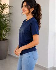 Women's Printed Pure Cotton T-Shirt — Navy Blue — Thumbnail 4