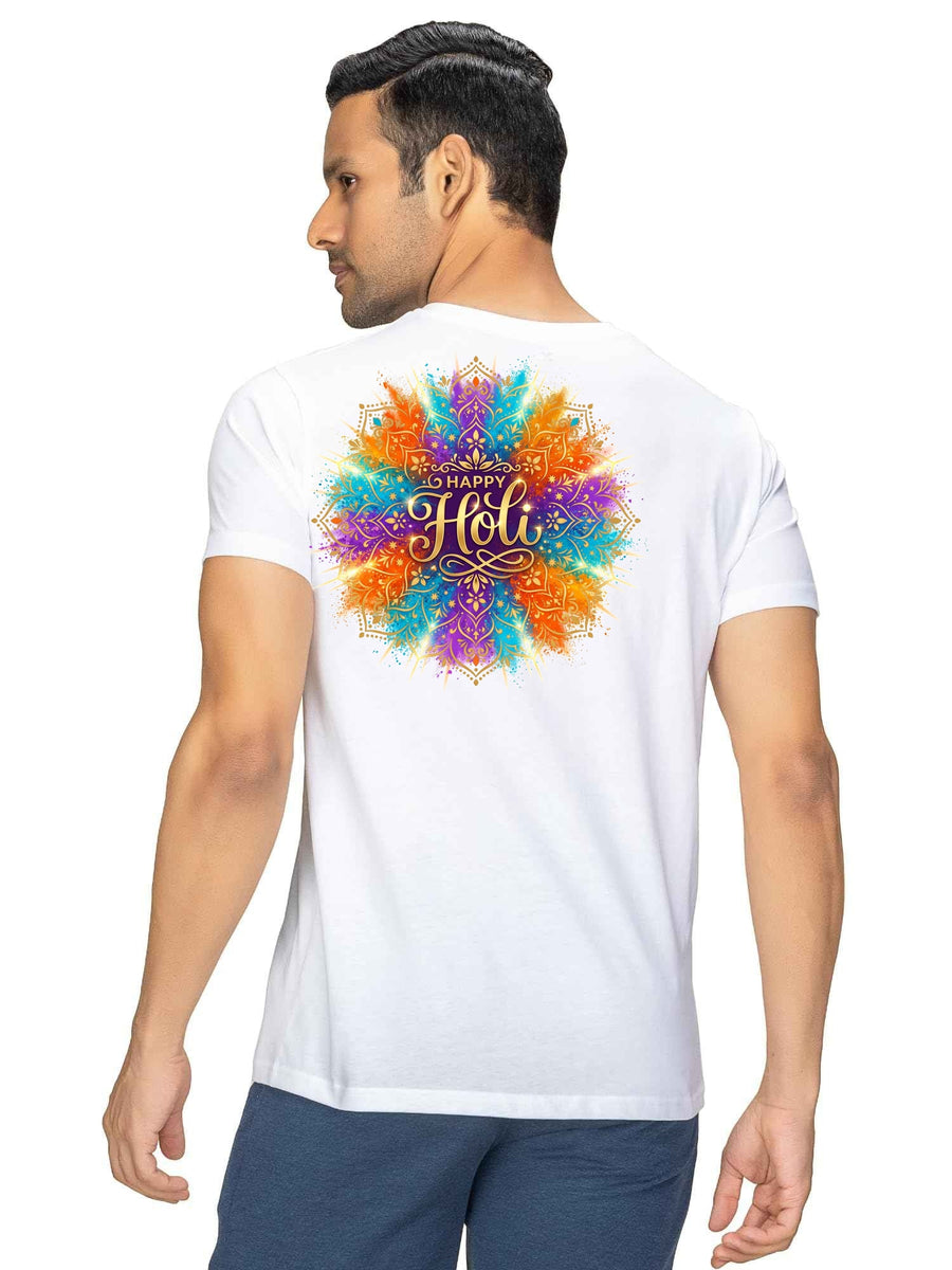 Happy Holi Radiant Mandala Graphic Cotton T-Shirt — White — Tshirt Factory India Direct Manufacturer Surat