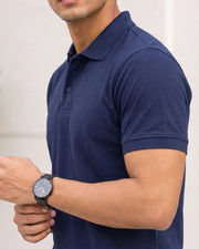 Men's Solid Polo Collar T-Shirt — Navy Blue — Thumbnail 3