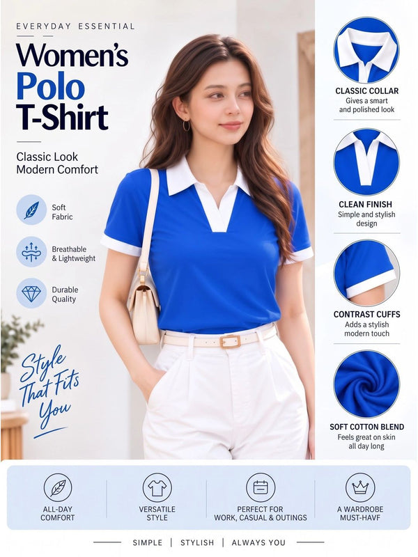 Women's Colourblocked Polo Collar T-Shirt — Royal Blue Angle View — Custom Printing Surat