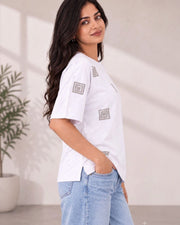 Women's Printed Drop-Shoulder Sleeves T-Shirt — White — Thumbnail 3