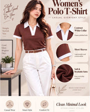 Women's Colourblocked Polo Collar T-Shirt — Coffee Brown — Thumbnail 2