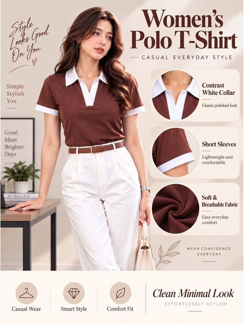 Women's Colourblocked Polo Collar T-Shirt — Coffee Brown — Quality Craftsmanship Anatomy