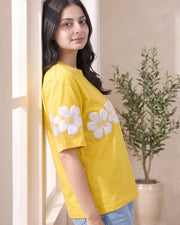 Women's Floral Printed Relaxed Fit T-Shirt — Yellow — Thumbnail 3
