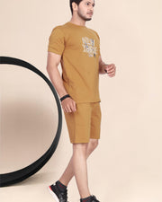 Men's Cotton Printed Night Suit Set of Top & Shorts — Brown — Thumbnail 2