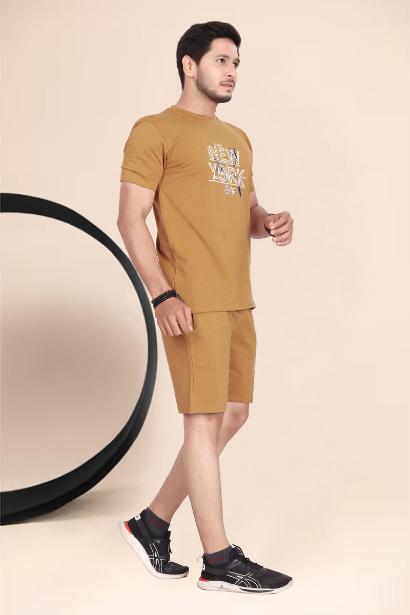 Men's Cotton Printed Night Suit Set of Top & Shorts — Brown — Quality Craftsmanship Anatomy