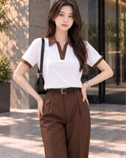 Women's Colourblocked Polo Collar T-Shirt — White — Thumbnail 3