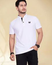 Men's Printed Mandarin Collar T-Shirt — White — Thumbnail 1