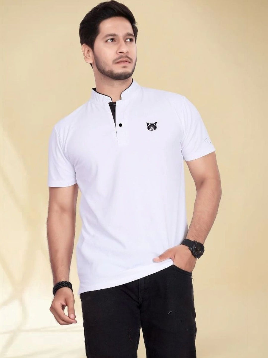 Men's Printed Mandarin Collar T-Shirt — White — Custom Print Studio