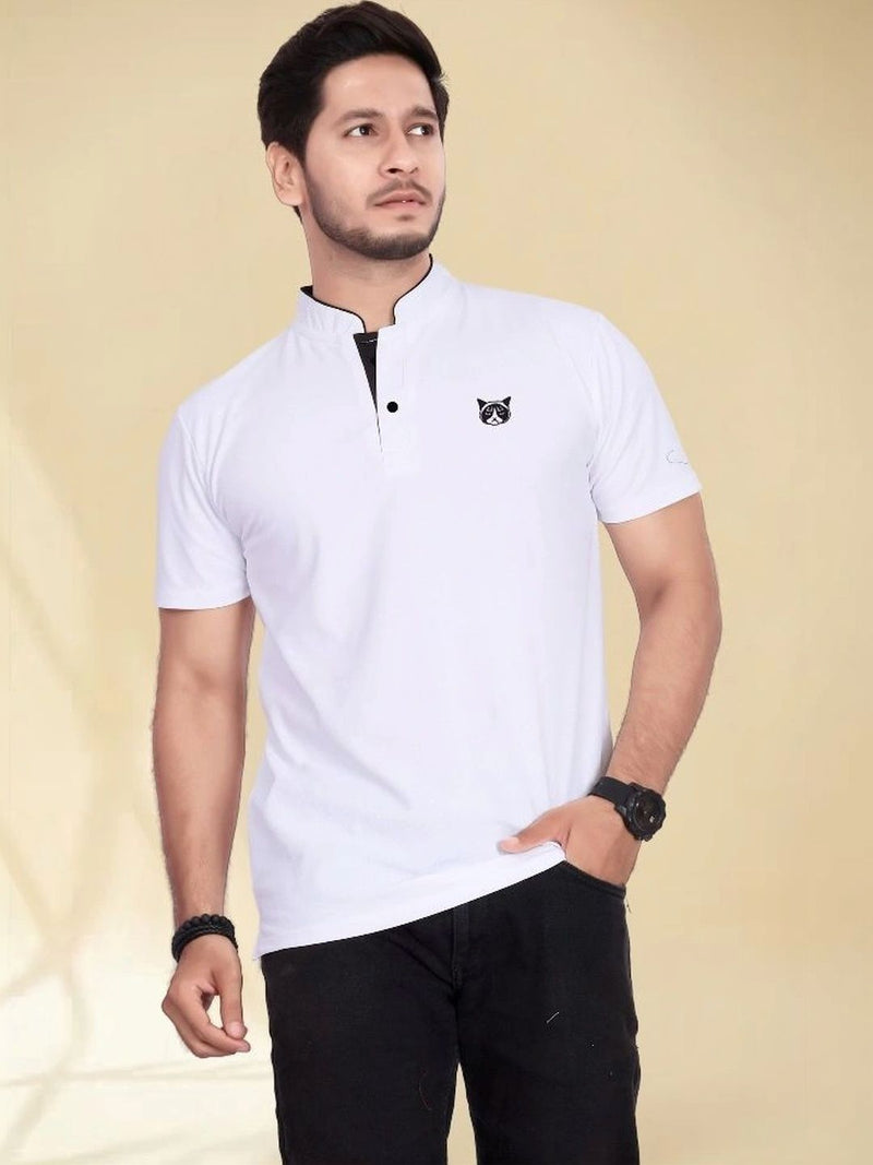 Men's Printed Mandarin Collar T-Shirt — White — Quality Craftsmanship Anatomy