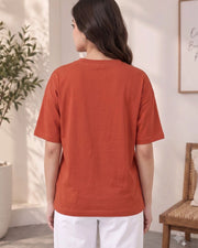 Women's Printed Drop-Shoulder Sleeves T-Shirt — Rust — Thumbnail 4